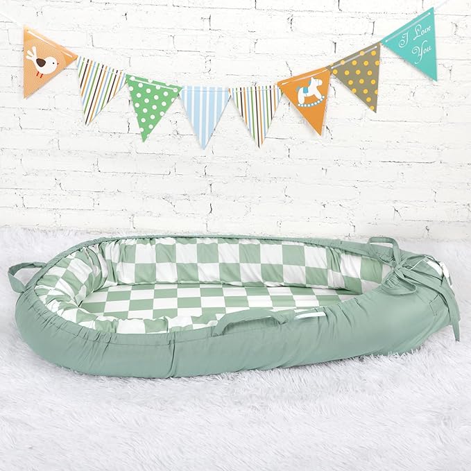 DILIMI Baby Lounger Cover, Cotton Baby Nest Replacement Cover for Girls Boys, Soft Breathable Reversible Newborn Lounger Cover, Green Checkered (Only Cover)