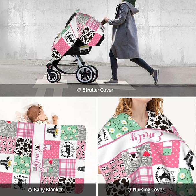Personalized Baby Car Seat Canopy for Babies with Name, Custom Farm Cow Pink Car Seat Covers for Girls, Opening Minky Nursing Breastfeeding Stroller Cover Carseat Canopies for Infant Newborn