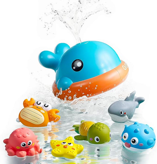 OR OR TU Light Up Whale Sprinkler Bath Toys for Baby Toddler, Mold Free No Hole Animal Bathtub Toys Set Water Toy for Kids 18M+