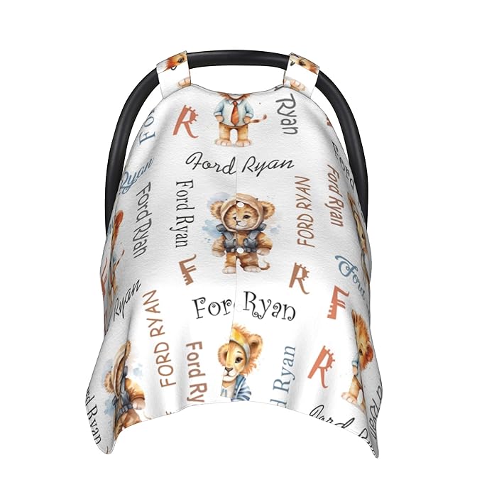 Personalized Baby Car Seat Canopy Minky Lion Baby Blanket Custom Name Baby Car Seat Cover Girls Boys Infant Newborn Carseat Canopy Nursing Cover for Stroller Car Seat Canopies