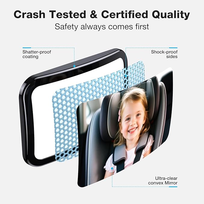 Baby Car Mirror, Safety Car Seat Mirror for Rear Facing Infant, Clear Wide View, Shatterproof, 360° Rotation, Crash Tested and Certified for Safety