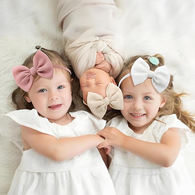 8PCS Baby Girl Headbands with Bows Slub Fabric Macaron Hair Bow Stretchy Hair Bands for Newborn Infant Toddler Little Girls Hair Accessories