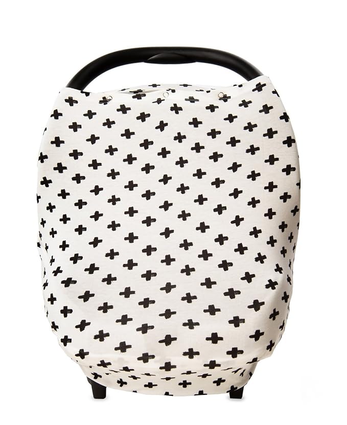 Stretchy Baby Car Seat Cover Canopy with Snaps Multi-use Nursing, Shopping Cart, & High Chair Cover 4 in 1 Design "Cross" Super Soft, Breathable Fabric Baby Shower Gift