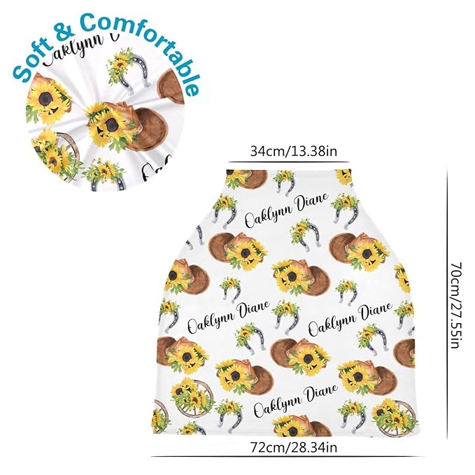 Personalized Baby Car Seat Cover for Baby Girls, Custom Nursing Covers for Breastfeeding with Name, Sunflower Cowgirl Infant Stroller Cover, Baby Newborn Carseat Canopy, Multiuse Car Seat Canopies