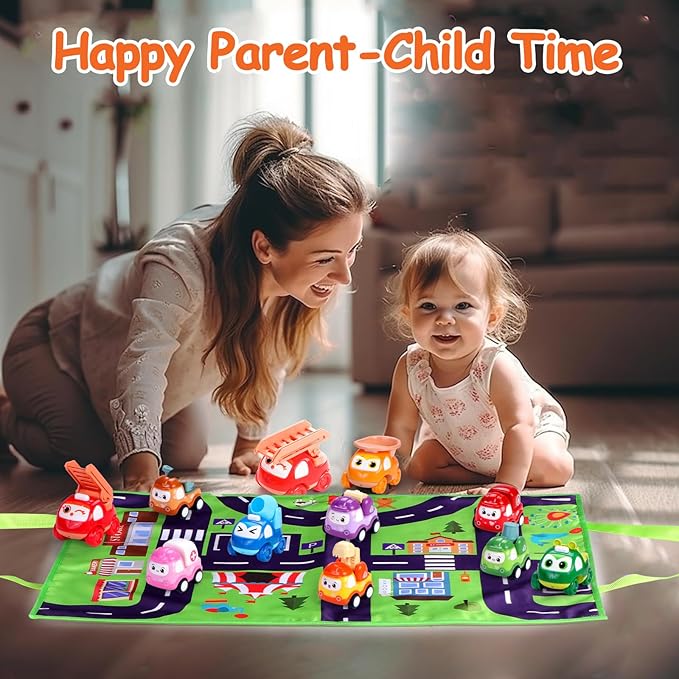 Toy Cars for 1 Year Old: 10 Pack Cute Vehicle with Playmat for 1 2 Year Old Boy Birthday Gift - Baby Toys 12-18 Months