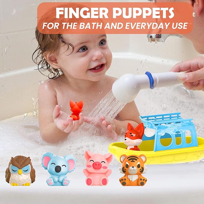 Oriate Bath Toys for Kid, 1 Boat and 5 Silicone Animal Finger Puppets, Sensory Learning Toy Set in The Bathtub, Pool, Beach, Easter Basket Stuffers Gifts for Kids Boys Girls 3 4 5 6 Year Old