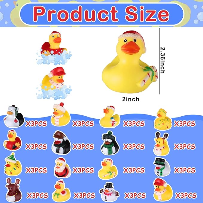 Sratte 48 Christmas Rubber Duck Bulk, Mini Santa Rubber Duck Bath Toys Assorted Xmas Party Decorations for Christmas Party Favors Stocking Stuffers Gifts for Coworkers Class (Typical Style)