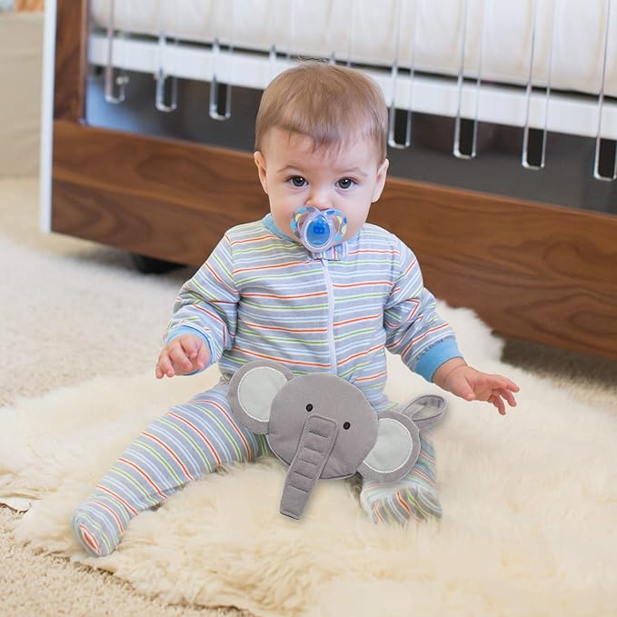 J.L. Childress Pacifier Pal - Pacifier Holder Case and Toy - Plush Binky Holder Toy - Developmental Toy Helps Calm Baby - Opens with One Hand - Fits 2-3 Pacifiers - Elephant