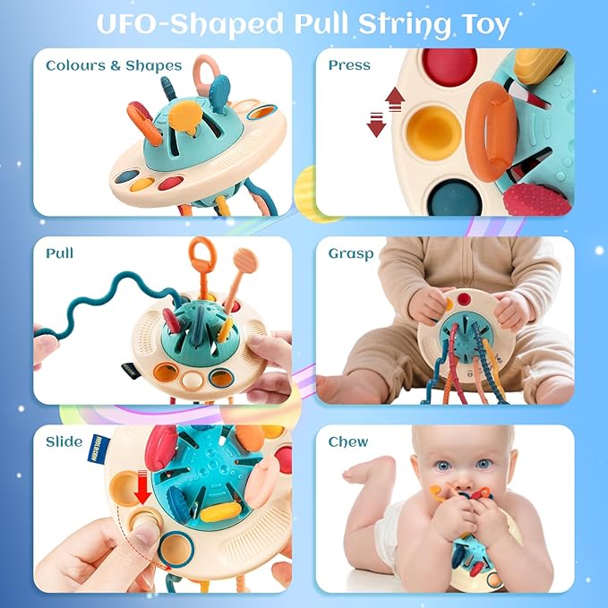 Baby Toys for 1 Year Old, Montessori Toys Hanging in Stroller, Sensory Toy for Todders 12-18 Months+, UFO Pulling Educational Game for Developing Motor Skills Gift for Boys& Girls