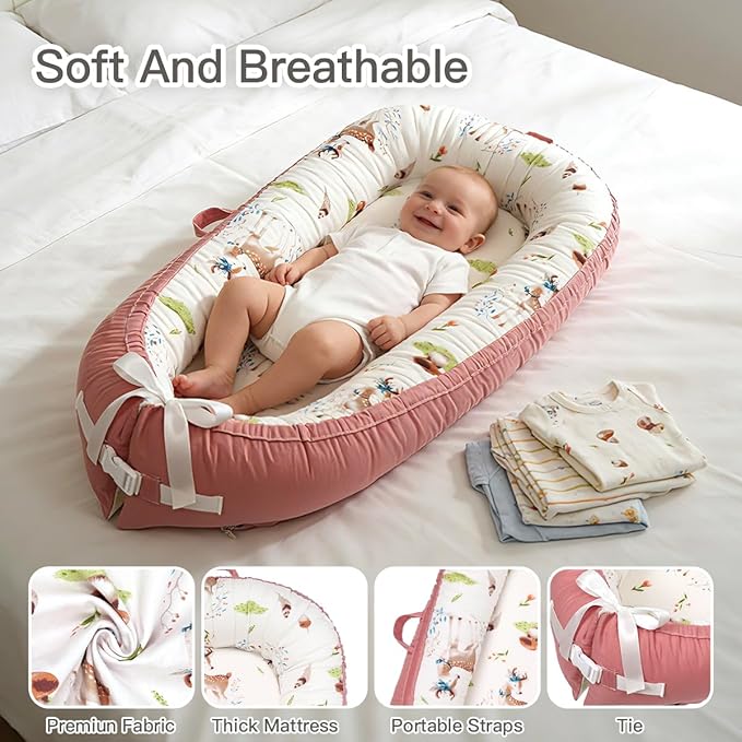 Baby Lounger | Organic Cotton Infant Support Cushion | Reversible, Adjustable & Portable Floor Cushion | Soft, Breathable, Washable Cover
