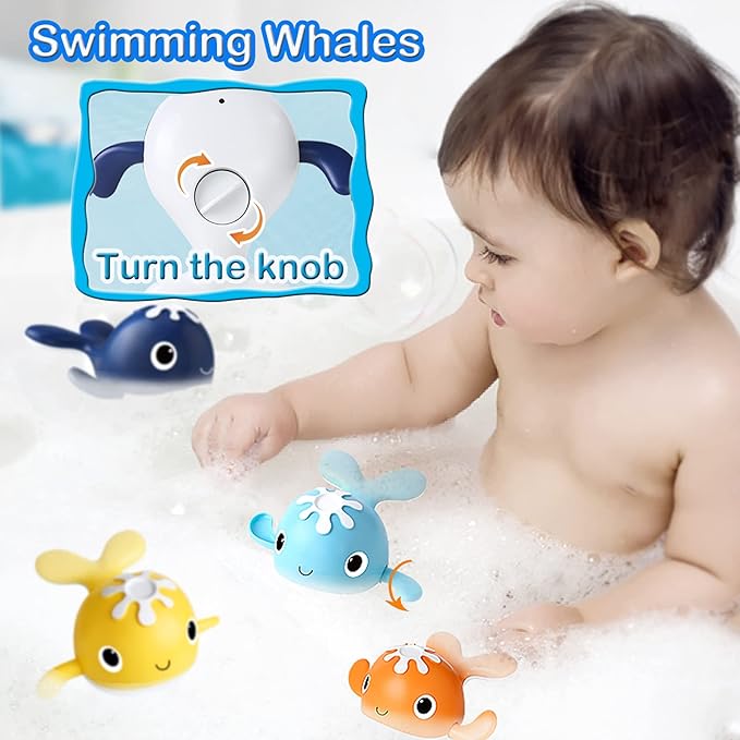 LOYUEGIYO Magnet Fishing Game Bath Baby Toy for 1-3 4-8 Year Old Toddler Boys Girls,Gifts for Kid,Baby Bathtub Water Shower Pool Toys 18 Months+,4 Swimming Wind-up Whale&1 Fishing Pole&1 Net
