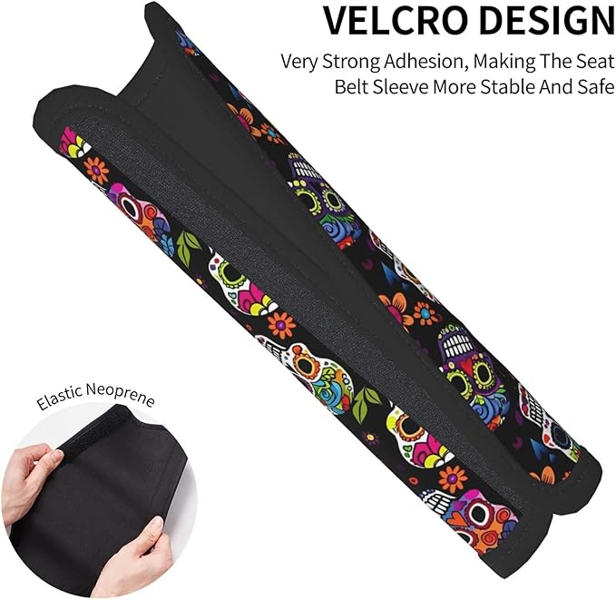 Sugar Skulls Flowers Seat Belt Cover Fits Cars Trucks SUV Sedans Sweat Absorption Car Seatbelt Strap Cover, Auto Interior Accessories Protecto