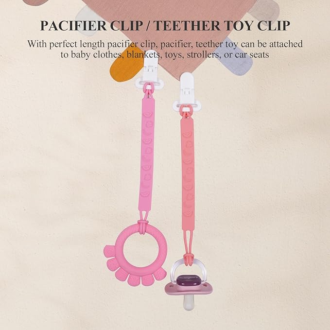 One Piece Design Silicone Pacifier Clip Holder for Baby Boys and Girls,Pack of 4 Flexible Paci Leash,Binky Clips,Newborn Essentials (Fruits, Pink)