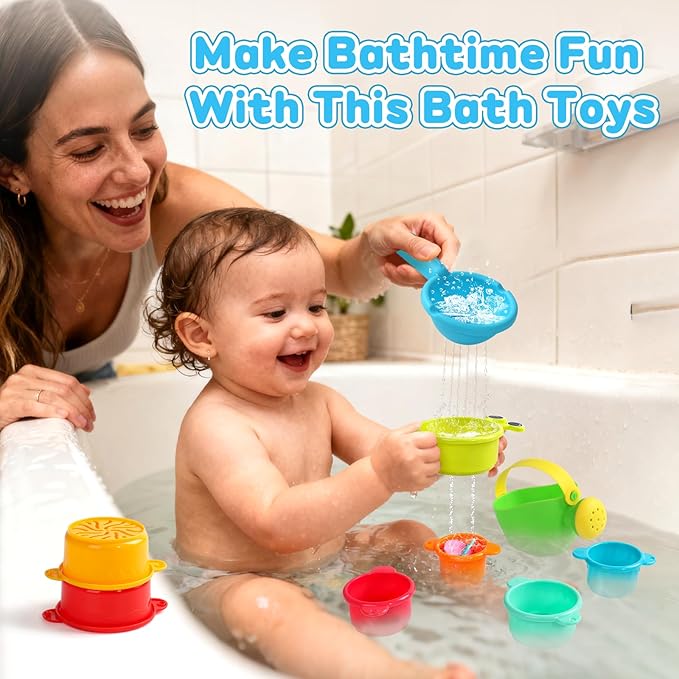 Beach Toys for Toddlers 1-3 Bath Toys Sand Pool Water Table Toys Mold Free Bathtub Toys for 12+ Months Stacking Cups Showerhead Spoon for 1 2 3 4 5 6 Years Old Girls Boys Gifts 9PCS