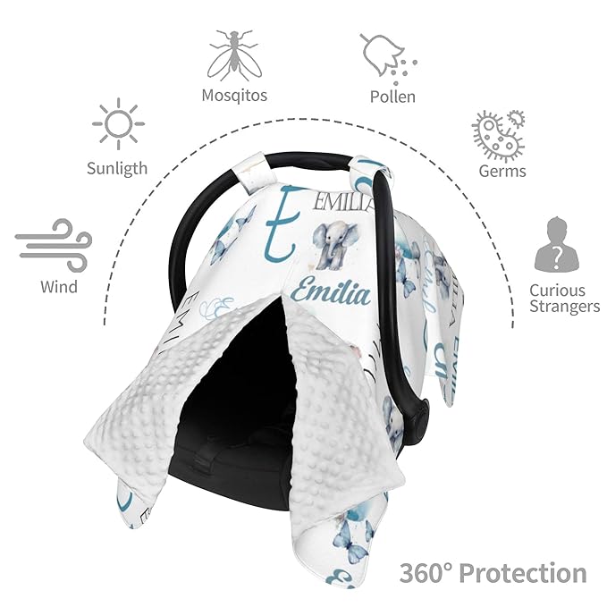 Personalized Baby Car Seat Canopy Minky Elephant Baby Blanket Custom Name Baby Car Seat Cover Girls Boys Infant Newborn Carseat Canopy Nursing Cover for Stroller Car Seat Canopies
