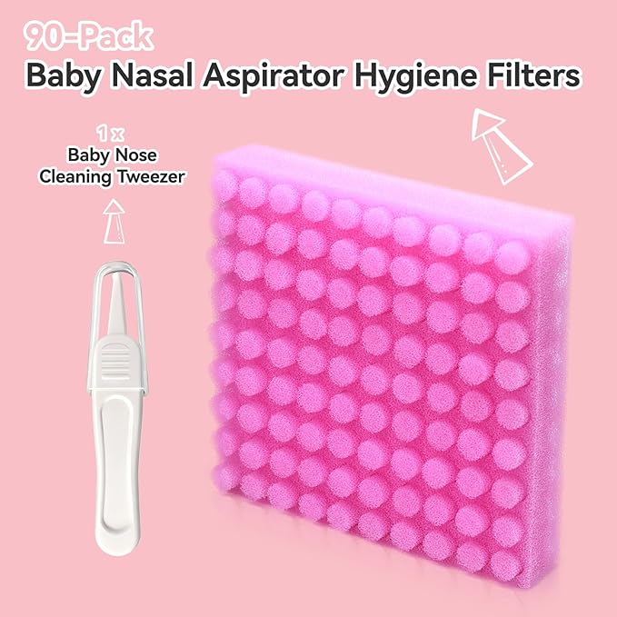 Replacement for NozeBot Nasal Aspirator Hygiene Filter, 90 Packs Baby Nose Cleaner Filters Comes with Baby Nose Cleaning Tweezer, Purple