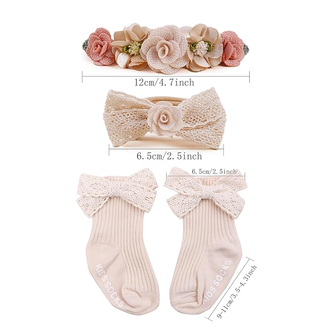 cherrboll Baby Girl Headbands and Socks Set, 3Pcs Soft Floral Hairbands Hair Bows Knit Socks for Newborn Infants Toddlers Photography Props Gifts