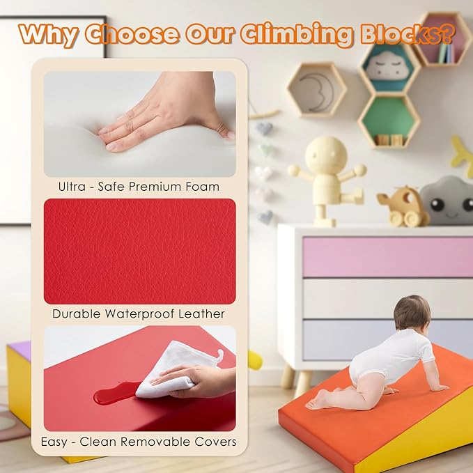 6-Piece Baby Foam Climbing Blocks, Soft Play Climbing Toys for Toddlers, Kids Playtime Corner PU Leather Climber Indoor for Crawling and Sliding, Waterproof Easy to Clean (Red)