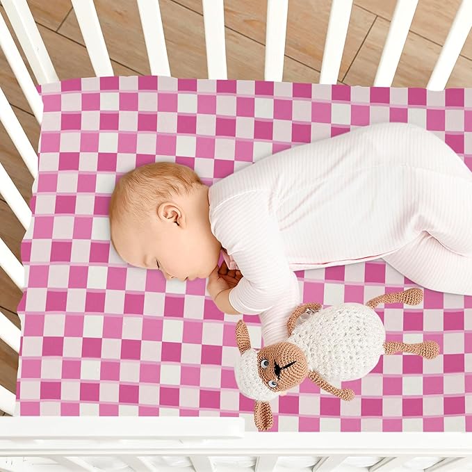 Fitted Crib Sheets Pink Checkered Stretchy Portable Playard Sheets for Baby Toddler, Breathable Soft Mini Crib Mattress 39 x 27 in for Boys and Girls