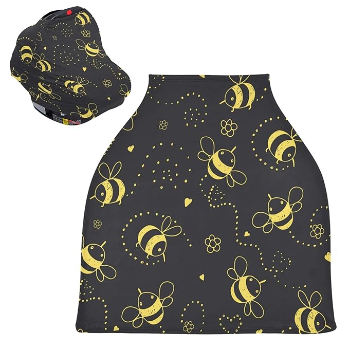 Cartoon Cute Bee Flower Heart Pattern Doodle On Black Stretchy Baby Car Seat Cover Infant Canopy Nursing Covers Breastfeeding Cover Breathable Windproof Winter Scarf for Boys Girls