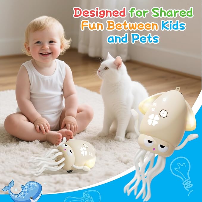 Crawling Dancing Octopus Toy for Kids – Rechargeable Interactive Sensory Toy with LED Lights & Music, Fun Tummy Time Gift for Birthdays & Holidays (Off-White)