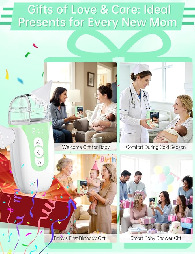 Nasal Aspirator for Baby,2-in-1 Smart Electric Nose Sucker, 2026 Upgraded with AI Anti-Backflow Protection,70Kpa Hospital-Grade Suction,15ml Large Capacity,5 Levels,Ultra-Quiet with Music-Green