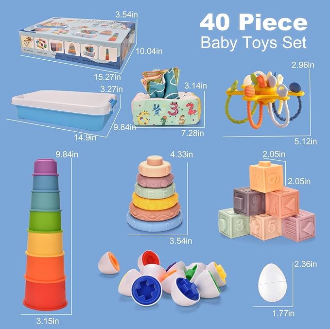 Baby Toys 6-12 Months,Montessori Toys for 6-9-12 Month old,6-in-1 Sensory Toys Stacking Cups Building Blocks,Teething Pull String,Tissue Box Toys for Babies 6-9-12,18-24 Months,1-3 Year old Baby Gifts