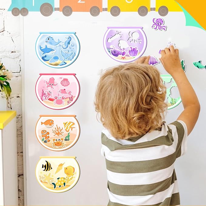 6Pack Magnetic Color & Shape Sorting Toys, Educational Ocean Animal Magnets for Toddlers & Preschool Kids, Montessori Learning Fishbowl Game for Hand-Eye Coordination, for Grandkids