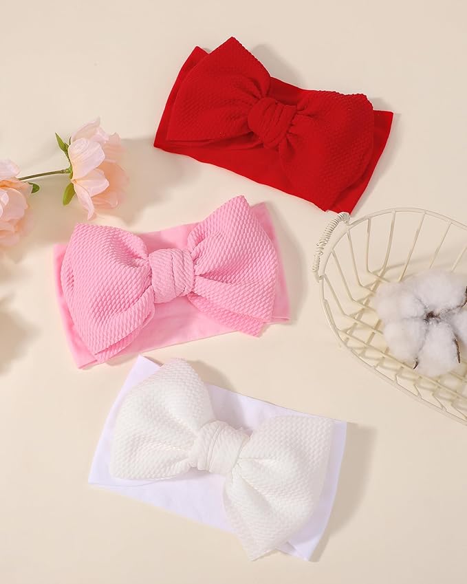 jollybows 3PCS Baby Bows Headbands Soft Nylon Baby Girl Headbands for Newborn Infant Toddler Kids Cute Bow Wide Hairbands Hair Accessories(White+Red+Pink)