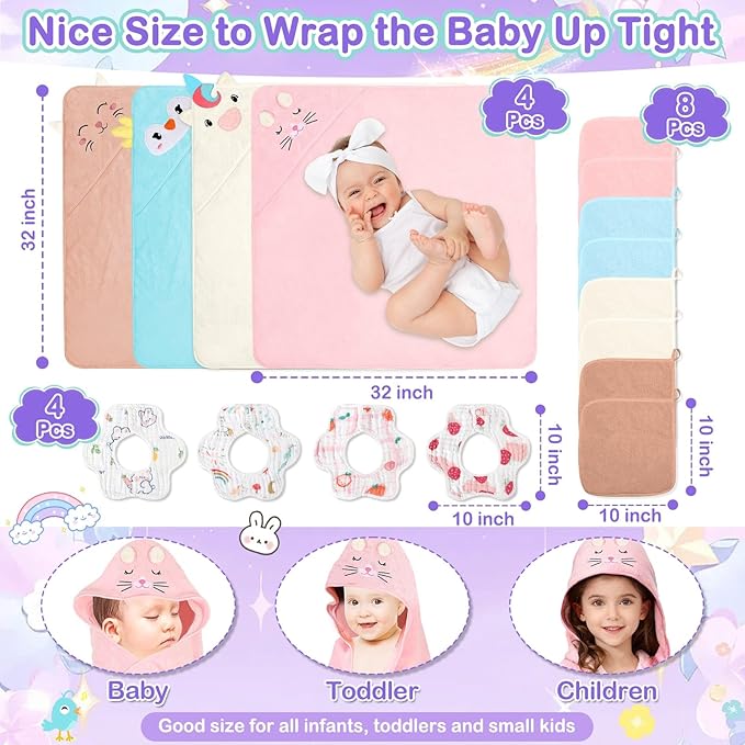 Flasoo 16 Pcs Baby Towels Set, Baby Towels and Washcloths Set,4 Pcs Animal Hooded Baby Towels, 4 Pcs Baby Bibs & 8 Pcs Washcloths Set for Infants, Toddlers and Kids-Unicorns, Rabbits, Kittens & Chicks