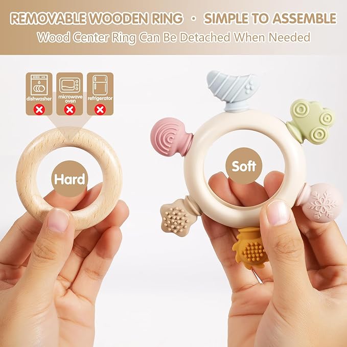 Baby Teether Ring for 0–12 Months, Detachable Wooden Silicone Teether with Easy-Grip Round Design, Sensory Teething Toy with Soft Textured Tips for Early Development
