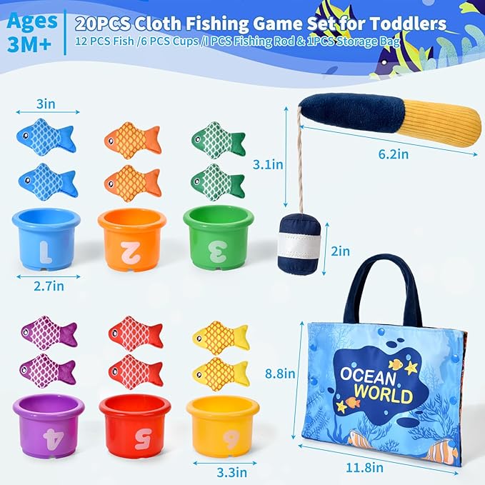 Montessori Toys for 1 Year Old - 20PCS Cloth Toddler Fishing Game with Stacking Cups,Baby Color Sorting Toy 12-18 Months One Year Old Birthday Gift,Best Easter Gifts for 1-3 Year Olds (Blue)