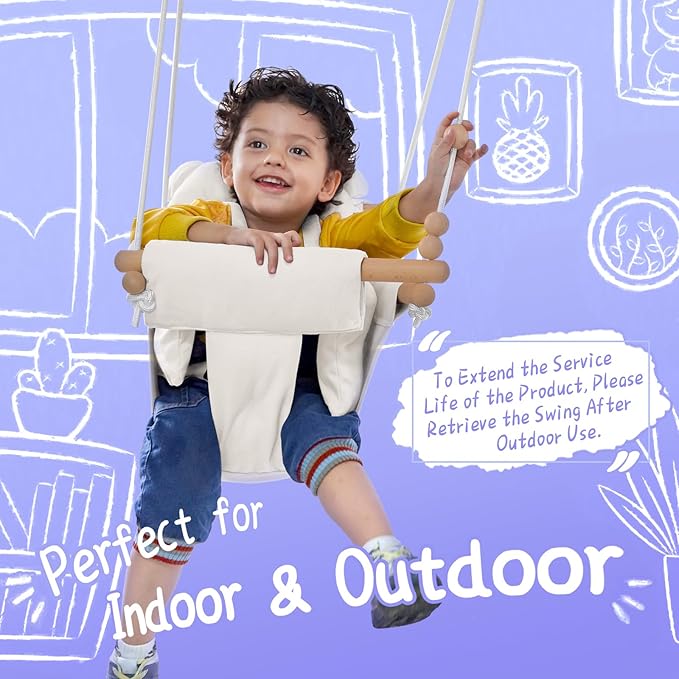 Baby Swing Indoor Outdoor,Secure Canvas Wooden Toddler Swing Seat, 3-Point Adjustable Safety Harness,Mounting Hardware Included,Gift for Boys and Girls,Beige