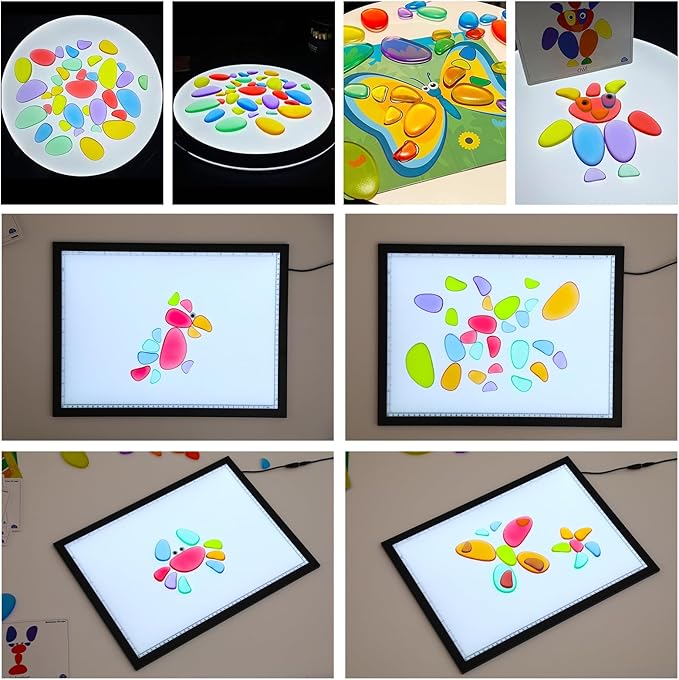 36 Pcs Translucent Pebbles, Rainbow Stones,Light Table Manipulatives Preschool,Light Table Accessories, Includes 24 Activity Cards