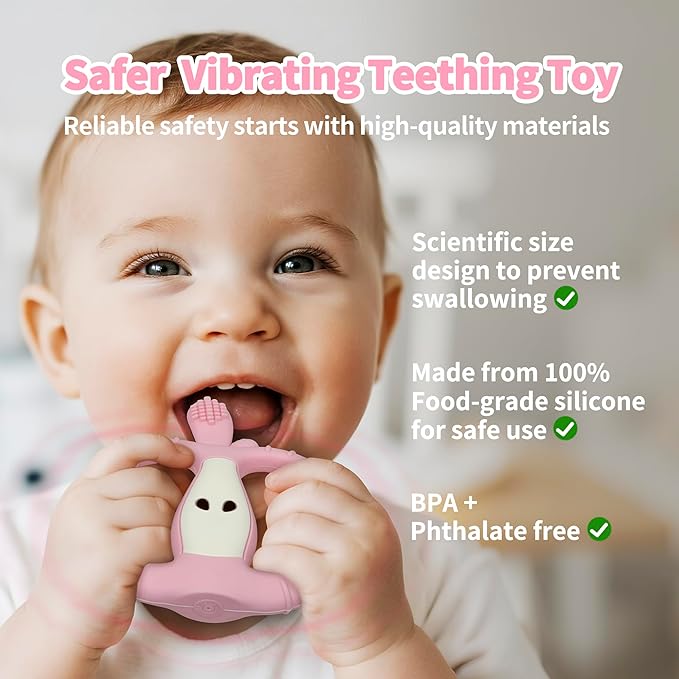 Vibrating Teether for Baby with Remote Control - Chewy Sensory Toy for Teething & Autism, 10-Speed Vibration Modes, USB Rechargeable, Food Grade Silicone Teether for Sensory Seekers (Pink)