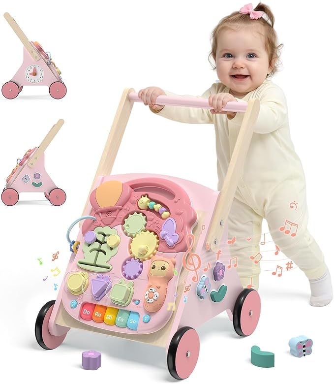 Wiqins Wooden Baby Push Walker, 10-in-1 Baby Walker Toys with Wheels for Toddlers 18 Months, Detachable Montessori Activity Board Toy & Storage for 1 Year Old Boys Girls Learning to Walk