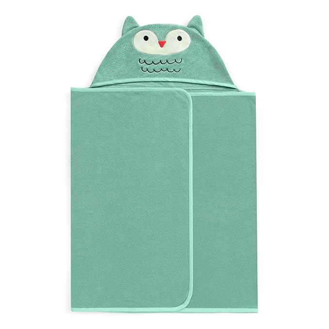 Delta Children Kids Hooded Bath Towel with Pockets - Super Soft and Absorbent- Great Gift for Boys and Girls, Light Teal Owl