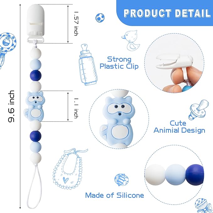 4Pcs Silicone Pacifier Clip for Babies Infant Animal Teething Panda Dinosaur Elephant Raccoon Soothie Toy Teethers Clips for Baby Shower Birthday Keepsake Christmas New Year Gift