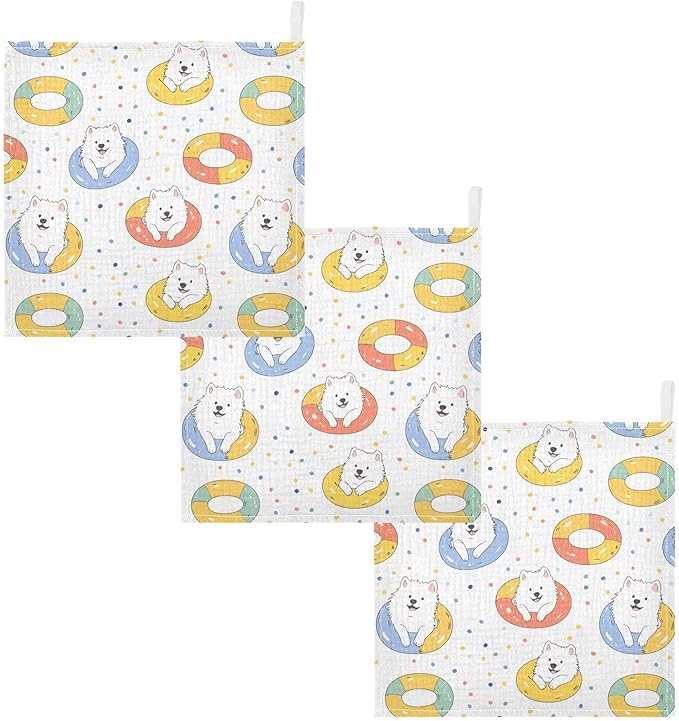 vvfelixl Baby Muslin Washcloths Kawaii Samoyed Swim Baby Burp Cloths Cotton Babys Face Towel for Newborn Infants Boys Girls Soft and Absorbent 11.8 X 11.8 in, 3 Pack