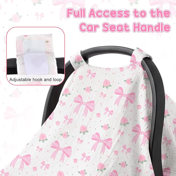Car Seat Cover Baby, 100% Muslin Cotton Infant Car Seat Canopy, Universal Baby Car Seat Cover, Breathable Nursing Cover Canopy Shower Gift Pink Bow