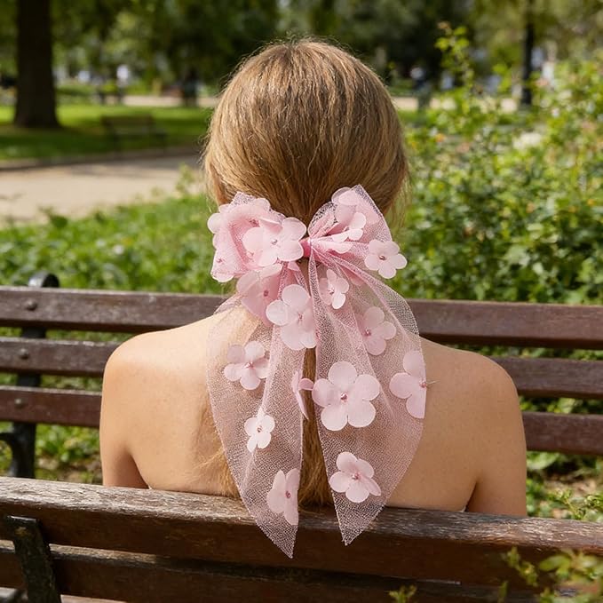 Pink Flower Bow Hair Clip - Mesh Tulle Floral Hair Bow Clips Summer Hair Accessory for Women Girls Bridal Wedding Hair Ornament, Bridesmaid Party Headpiece, Elegant Hairpin for Daily Styling