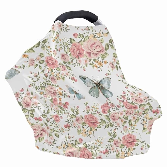 Biyejit Rose Butterfly Car Seat Covers, Baby Car Seat Canopy Carrier Cover Breathable Nursing Cover for Breastfeeding Stretchy Carseat Cover Boys Girls Multi-Use Infant Carseat Stroller Cover