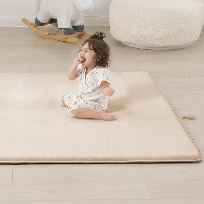 1.3" Thick Baby Play Mat for Floor, 79x79 Playpen Mat, Pro Soft Flannel Foam Mats Toddler Infant Kids Crawling for Nursery Rug Playroom Living Room Waterproof Easy Care Non-Slip (Beige)