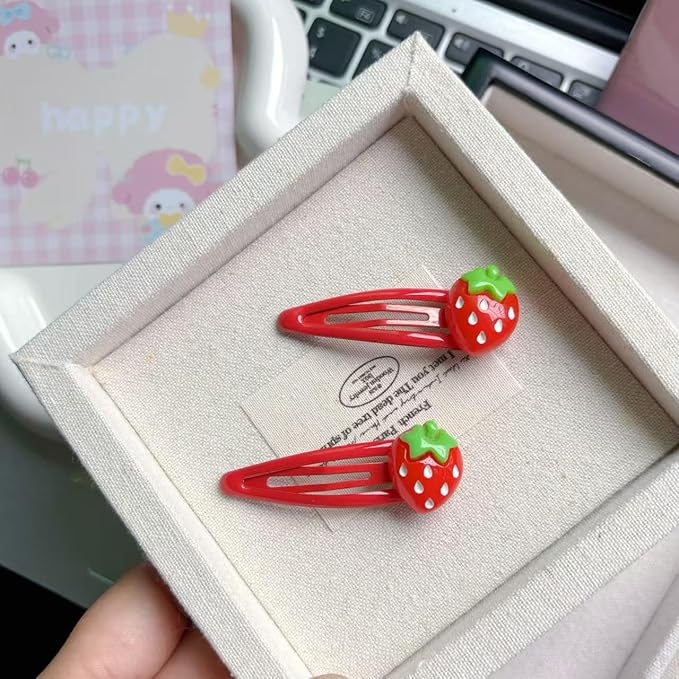 Strawberry Snap Clips Baby Girls Fruit Hair Bow Clips Strawberry Hair Ring Tie BBW24 (6 Pcs-C4)