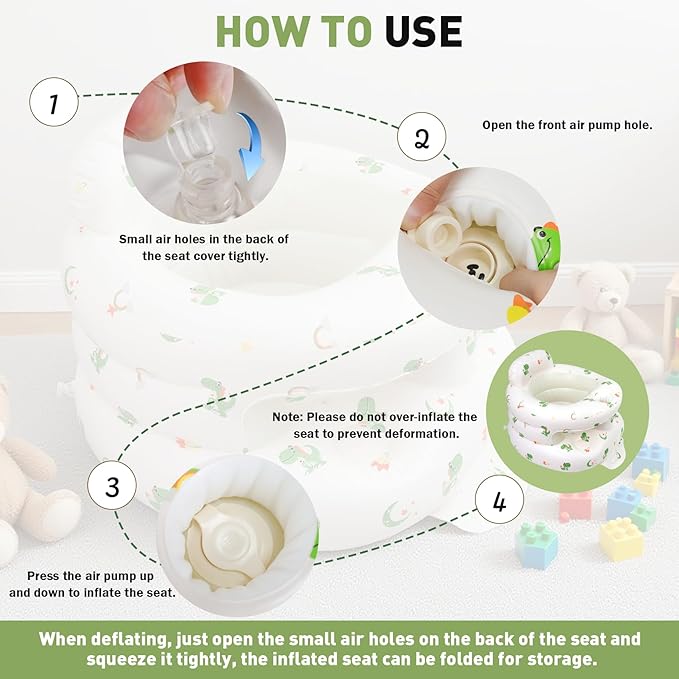 Inflatable Baby Seat for 3-36 Months Babies, Blow up Baby Chair with Built-in Air Pump, PVC Material, Full Enclosure Protection, Outdoor Travel Inflatable Chair for Infant, Green Dinosaur