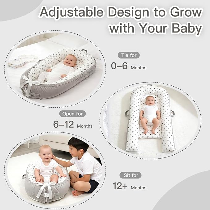 Baby Lounger | Organic Cotton Infant Support Cushion | Reversible, Adjustable & Portable Floor Lounger | Soft, Breathable, Washable Cover