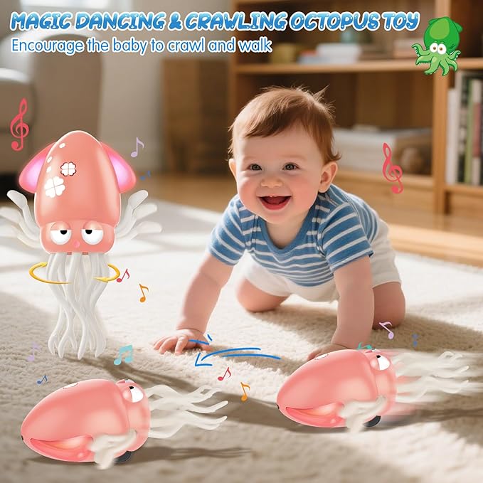 AOTIBO Baby Dancing Octopus Toy for 1 2 3 4 5 Year Old Boy Girl, Baby Tummy Time Electric Crawling Octopus Toys 12-18 Months, Dancing Squid Toy for Walking Toddlers, Kids 1st Birthday Gifts, Pink