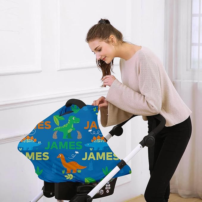 Custom Name Car Seat Canopy - Baby Car Seat Covers, Blue Dinosaur Pattern Infant Stroller Cover, Carseat Canopy Christmas Birthday Gifts for Girls and Boys(27"x29")