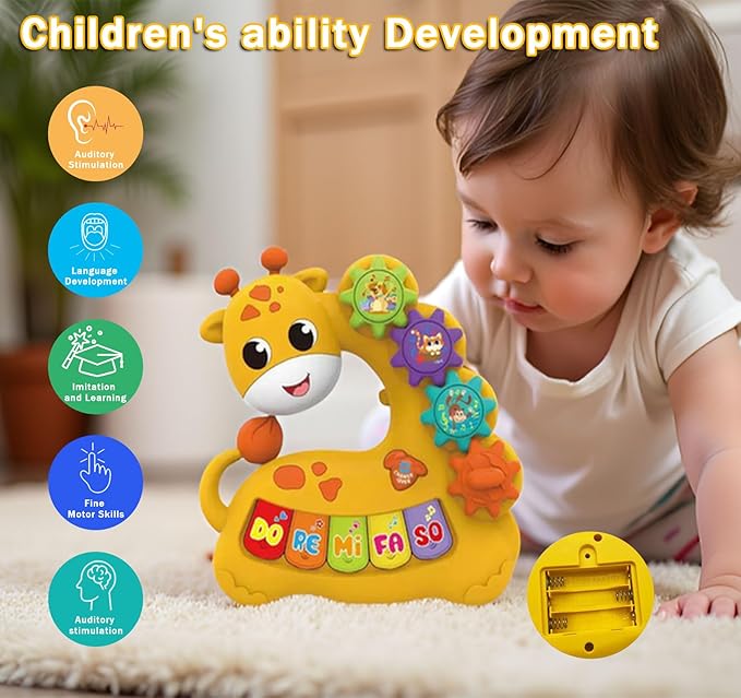 Baby Musical Piano Toys for Toddler 3 4 5, Busy Board with Music & Light, Birthday Toy for Infant Toddler 3 Years and Older Boy Girl Gifts (Yellow-Giraffe)