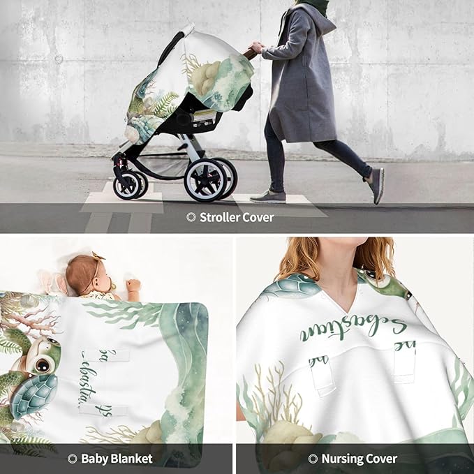 Custom Name Nursing Cover – Sea Turtle Baby Car Seat Canopy, Stroller Cover, Baby Minky Blanket – Personalized Newborn Shower Gift for Infant Boys & New Moms